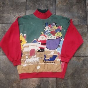 Vintage 90s Ivy Women's Large All Over Print Turtleneck Christmas Sweatshirt